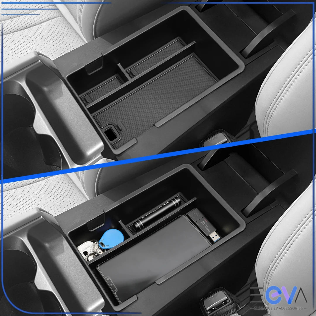 BYD Atto 2 centre console organiser showing dual-layer storage for keys, cards, and accessories from EEVA Store Australia.