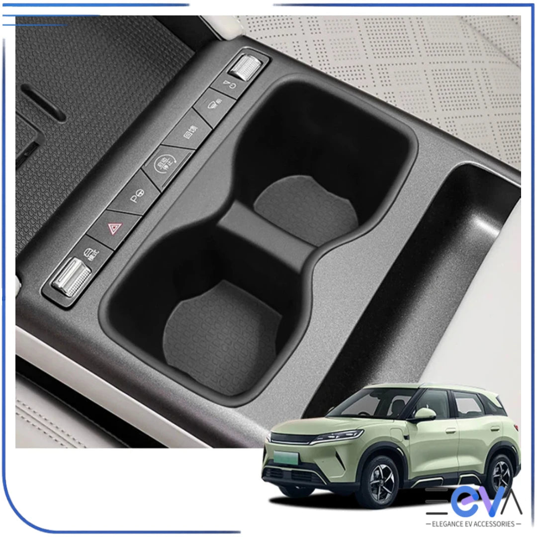 BYD Atto 2 cup holder insert installed in the central control area, adding grip and preventing drink movement from EEVA Store Australia.