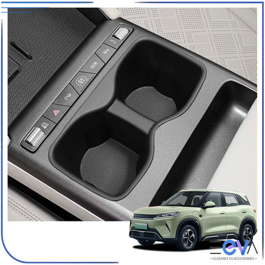 BYD Atto 2 cup holder insert installed in the central control area, adding grip and preventing drink movement from EEVA Store Australia.