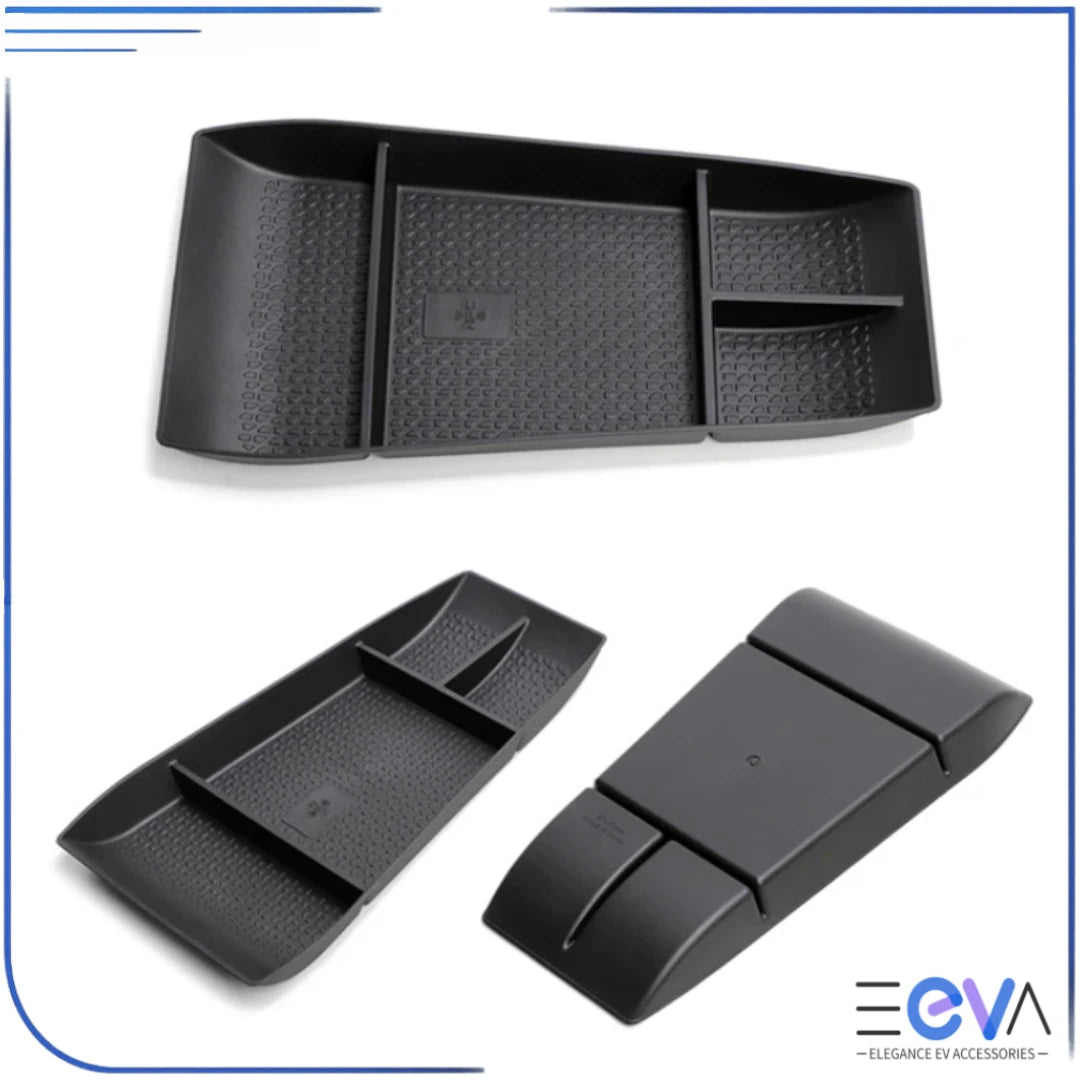 BYD Atto 2 lower console organiser shown in multi-angle display highlighting compartment layout and durable finish from EEVA Store Australia.