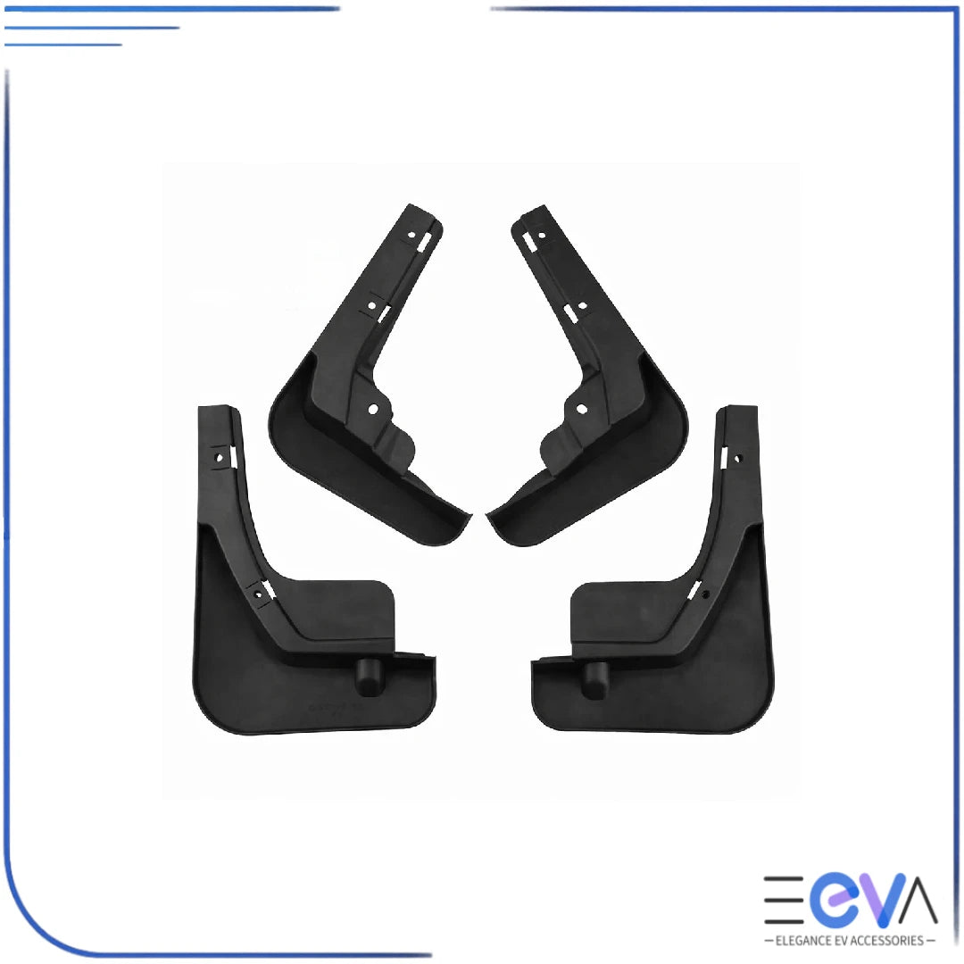 BYD Atto 2 front and rear mudflaps displayed together, custom-shaped for precise wheel arch coverage from EEVA Store Australia.