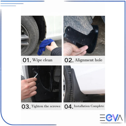 BYD Atto 2 mudflaps installation steps showing alignment and secure fitting on wheel arch from EEVA Store Australia.