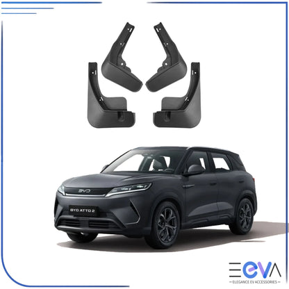 BYD Atto 2 mudflaps set shown with vehicle reference, designed to protect paintwork from road debris from EEVA Store Australia.