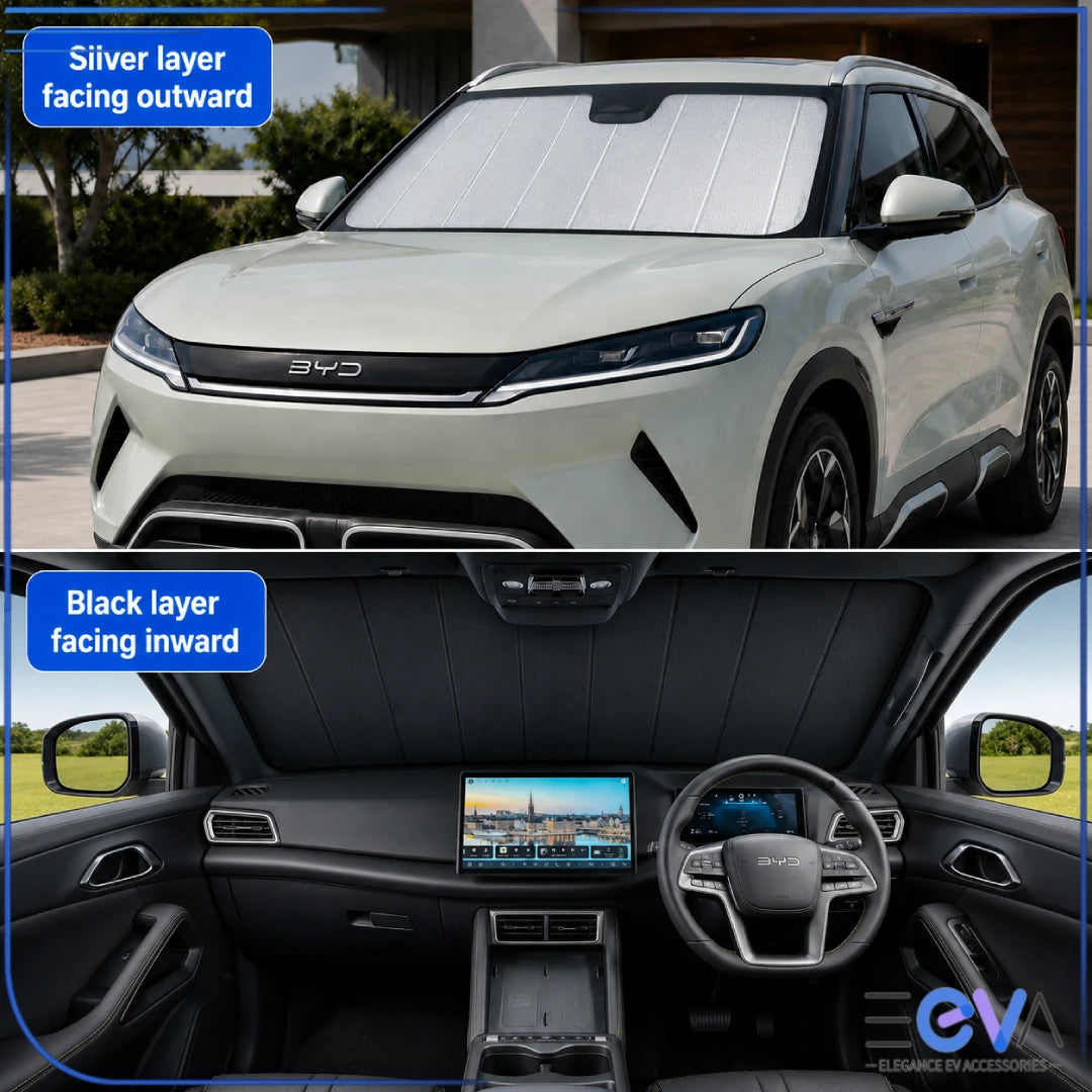 BYD Atto 2 windscreen sunshade showing silver layer facing outward and black layer inward from EEVA Store Australia