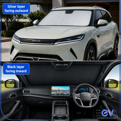 BYD Atto 2 windscreen sunshade showing silver layer facing outward and black layer inward from EEVA Store Australia