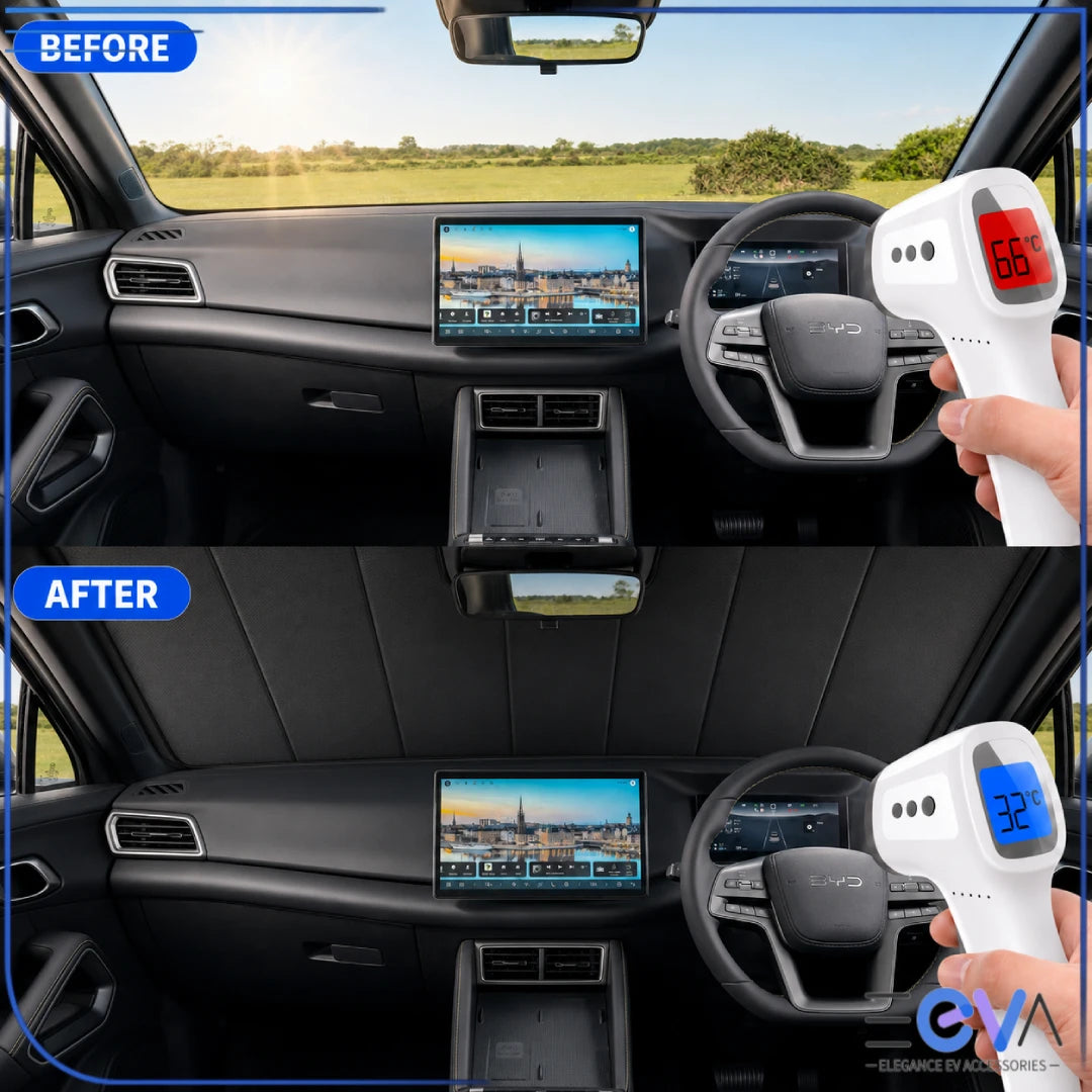 BYD Atto 2 windscreen sunshade before and after cabin temperature comparison from EEVA Store Australia