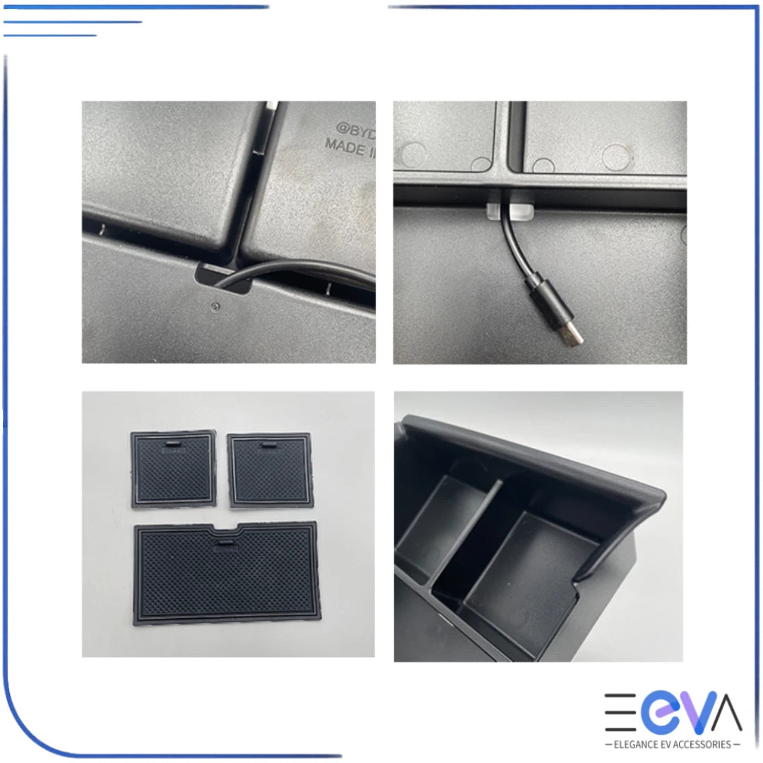 BYD Atto 3 armrest storage box details showing liners and cable notch from EEVA Store Australia