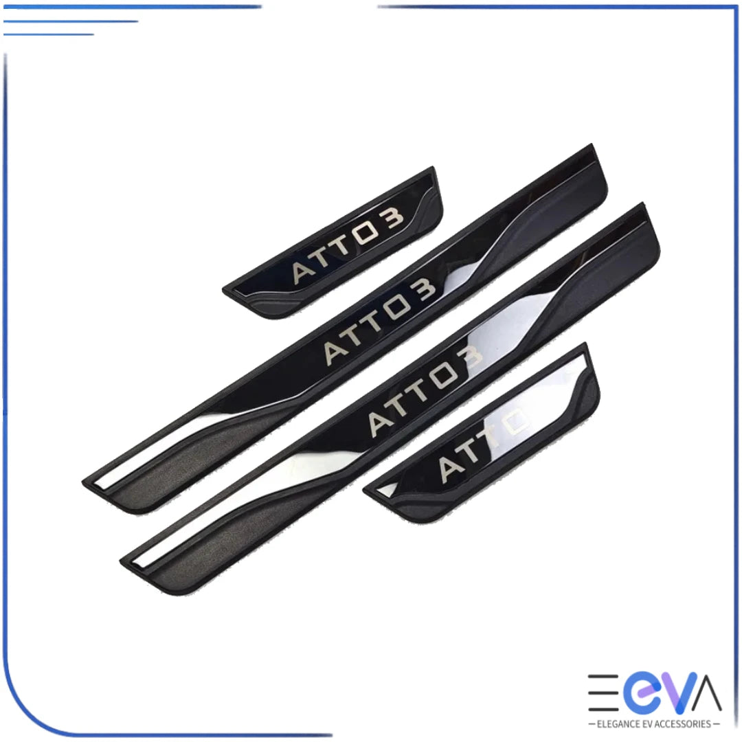 BYD Atto 3 black stainless steel door sill scuff plates with stylish lettering for durable entry protection from EEVA Store Australia.