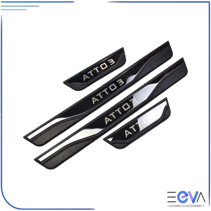 BYD Atto 3 black stainless steel door sill scuff plates with stylish lettering for durable entry protection from EEVA Store Australia.