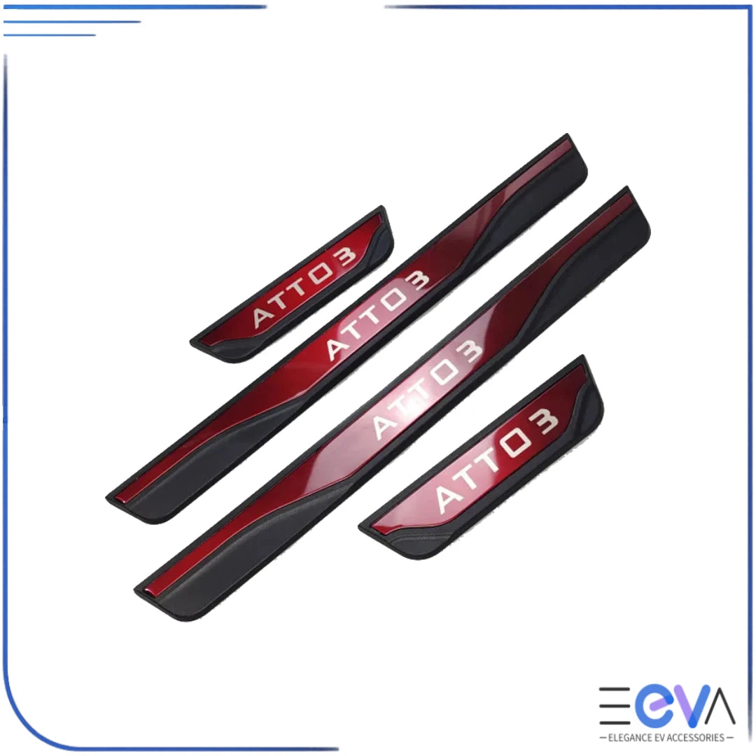 BYD Atto 3 red stainless steel scuff plates adding sporty trim and preventing scratches on door sills from EEVA Store Australia.