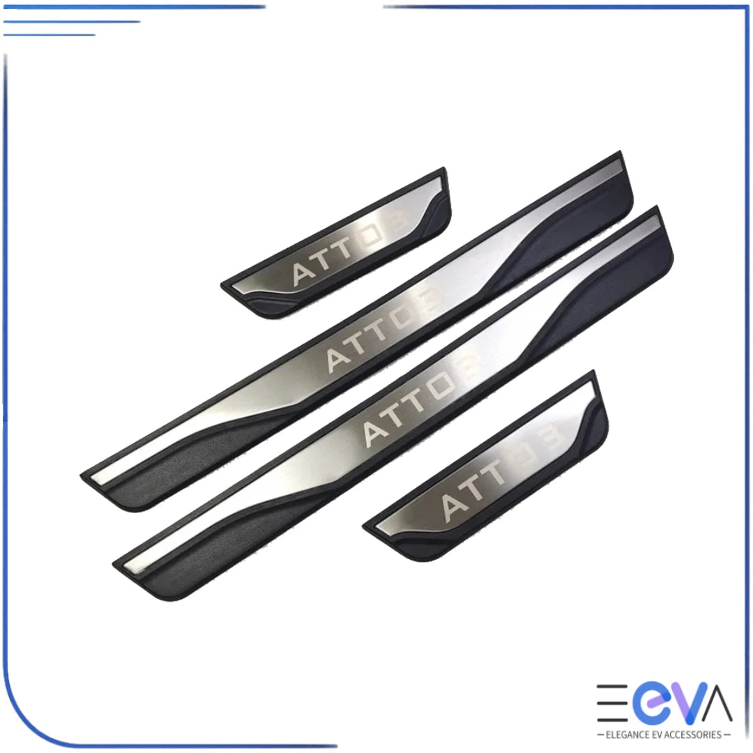 BYD Atto 3 silver stainless steel scuff plates adding sporty trim and preventing scratches on door sills from EEVA Store Australia.