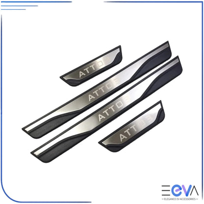 BYD Atto 3 silver stainless steel scuff plates adding sporty trim and preventing scratches on door sills from EEVA Store Australia.