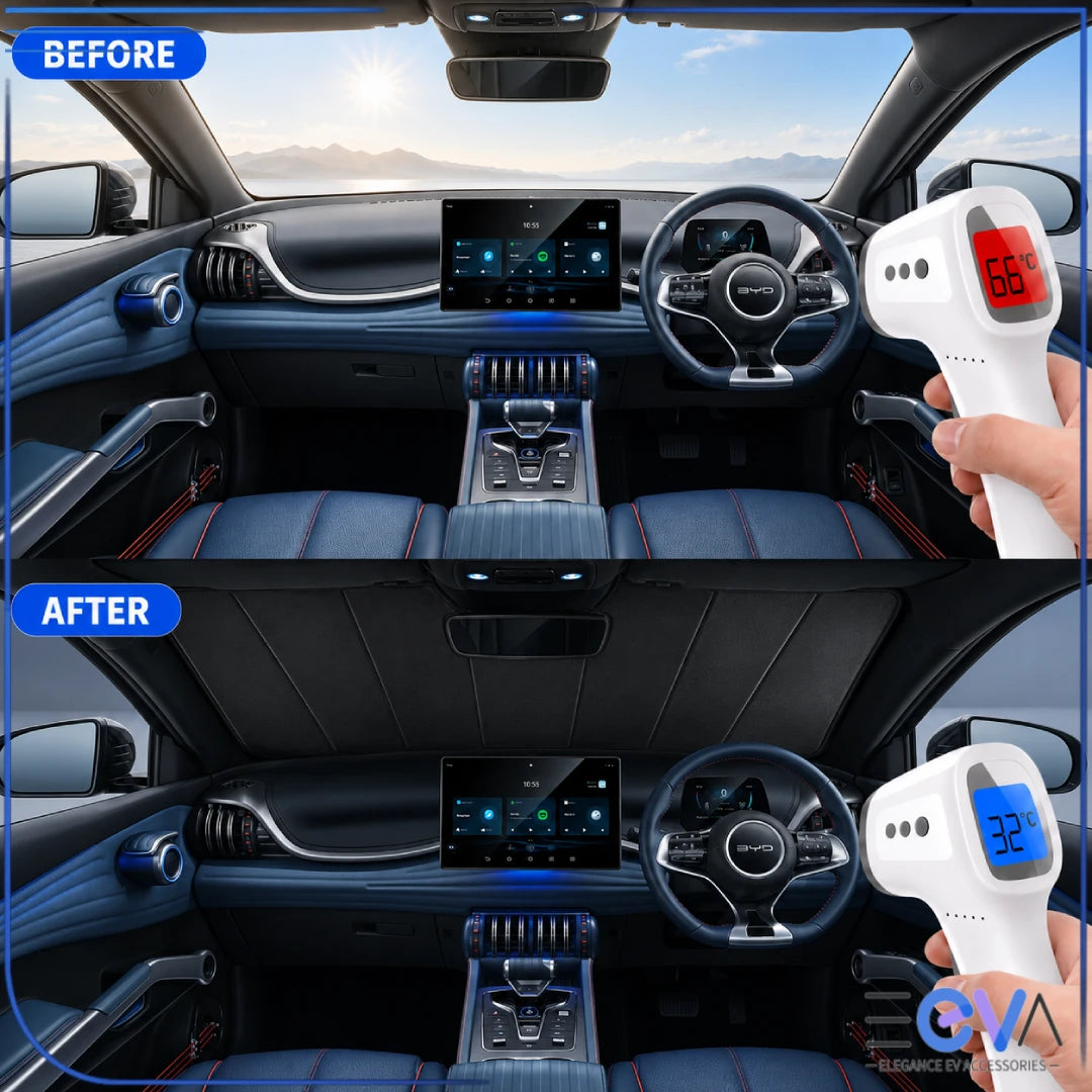 BYD Atto 3 windscreen sunshade before and after cabin temperature comparison from EEVA Store Australia