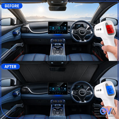 BYD Atto 3 windscreen sunshade before and after cabin temperature comparison from EEVA Store Australia