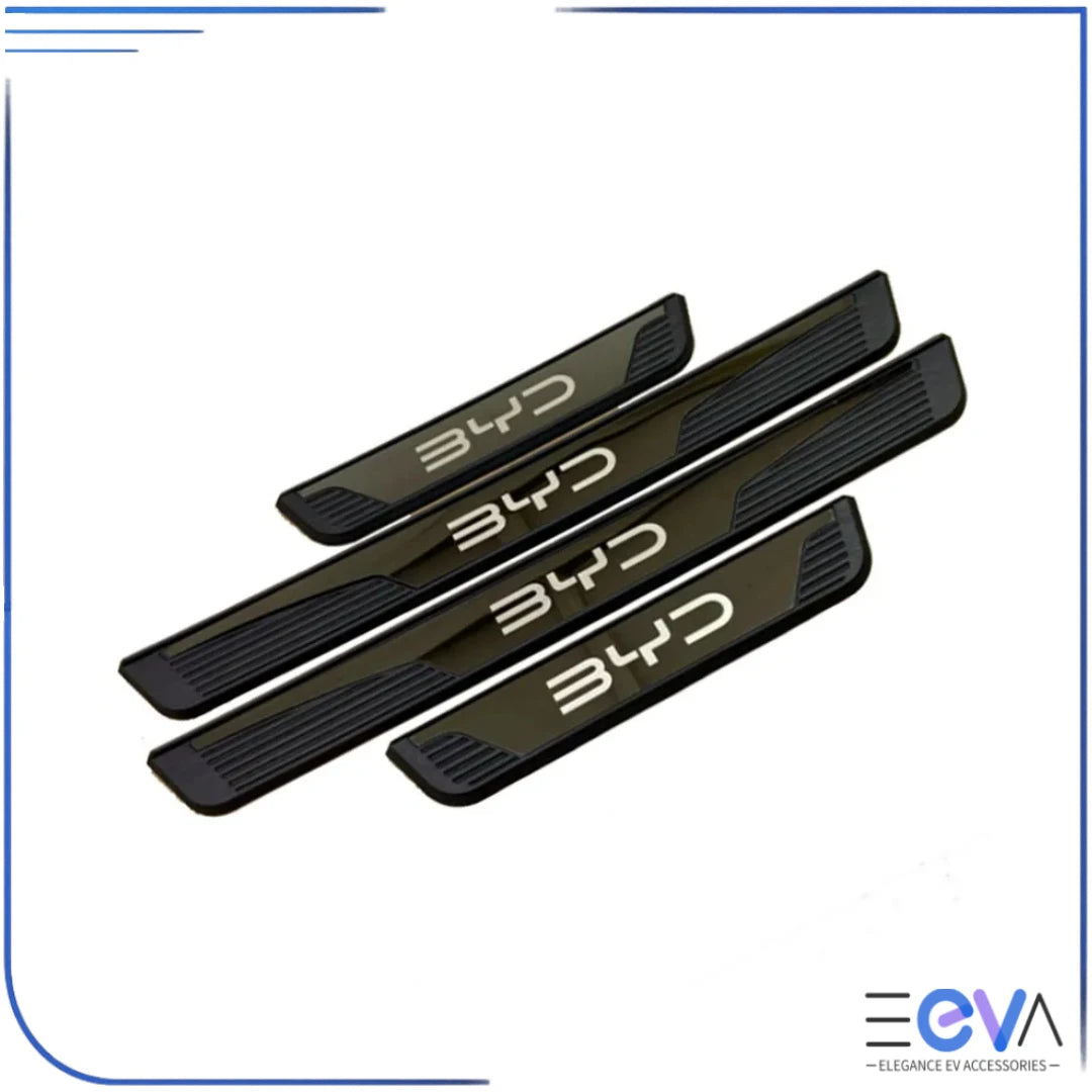 BYD stainless steel black door sill scuff plate set featuring textured grip and BYD lettering from EEVA Store Australia.