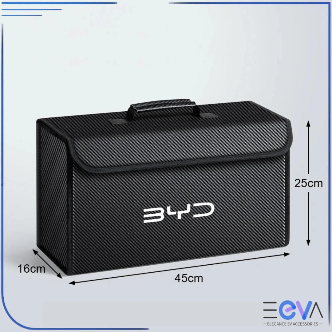 BYD Boot Storage Box dimensions in carbon fibre from EEVA Store Australia.
