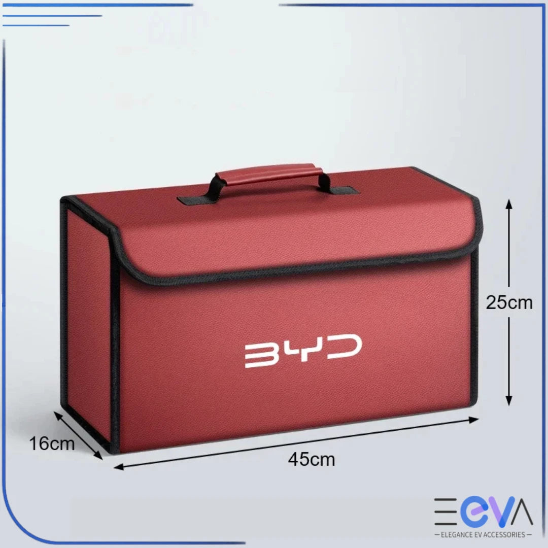 BYD Boot Storage Box dimensions in red from EEVA Store Australia.