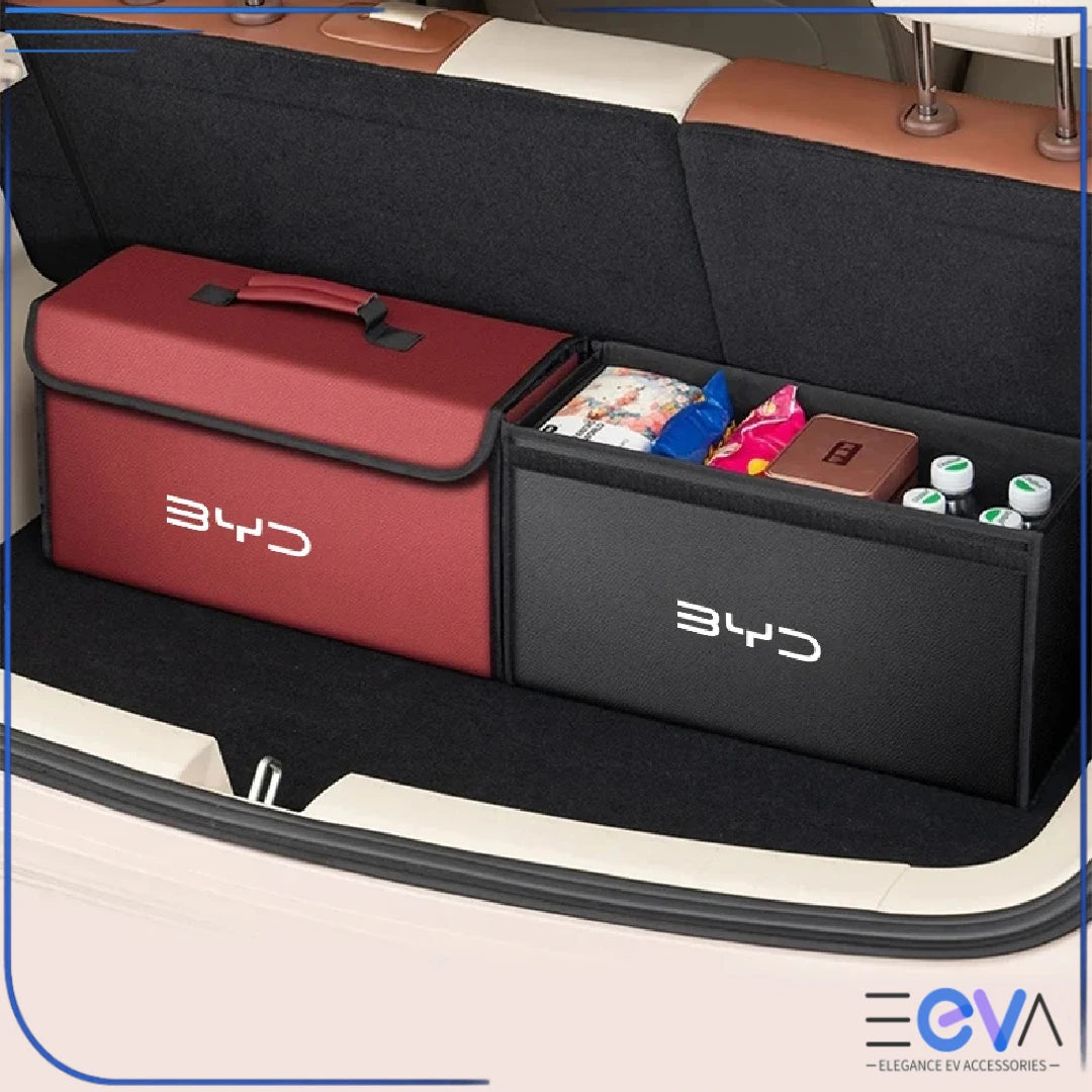 BYD Boot Storage Box shown as a dual storage setup in the boot from EEVA Store Australia.