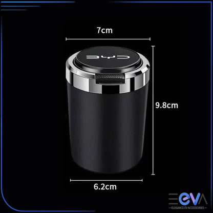 BYD car ashtray with LED light showing size and dimensions, designed to fit securely in the cup holder from EEVA Store Australia.