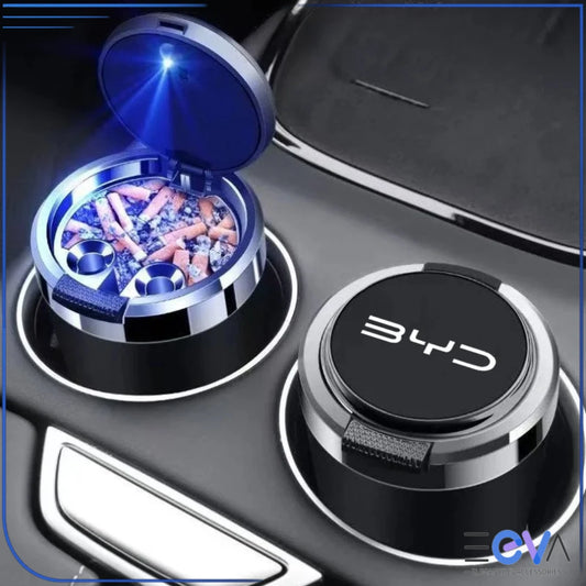 BYD LED car ashtray installed in the centre console cup holder, providing clean and discreet ash storage from EEVA Store Australia.