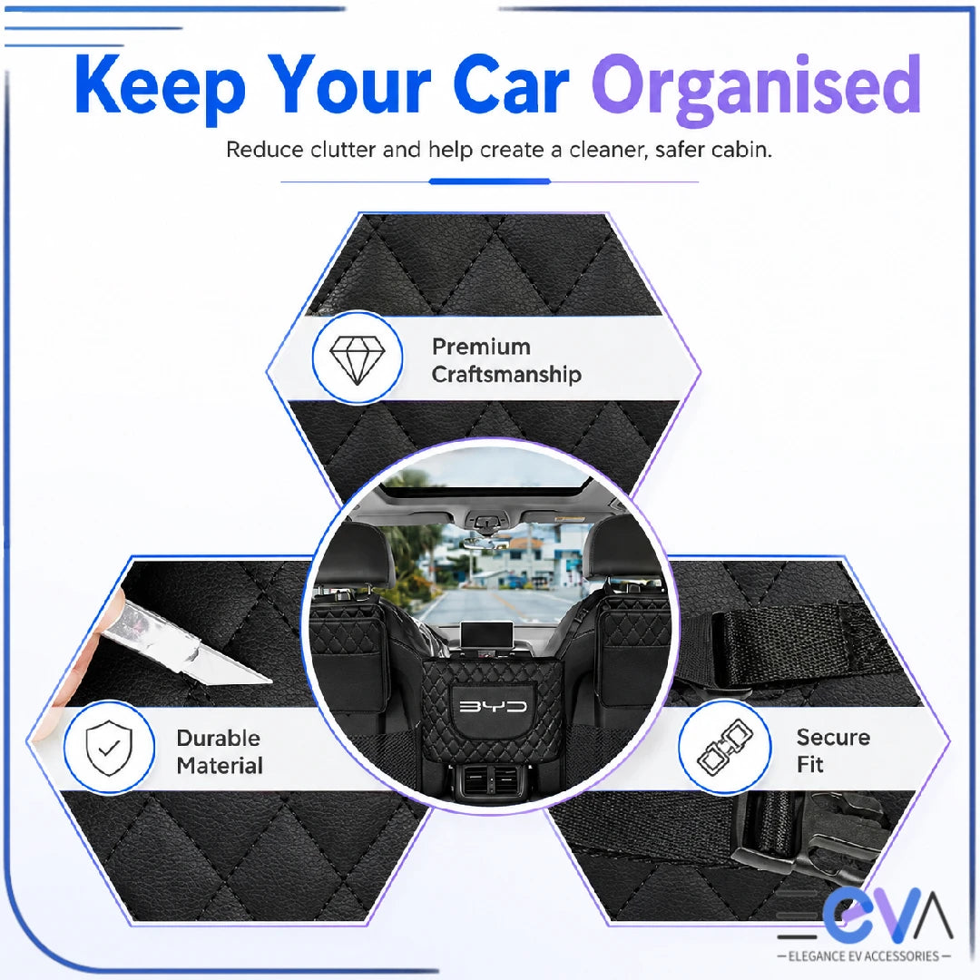 BYD PU leather car seat organiser showing durable material and secure fit from EEVA Store Australia