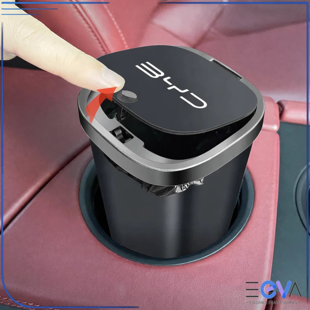 BYD car trash bin showing one-touch press lid operation for easy waste disposal while driving from EEVA Store Australia.