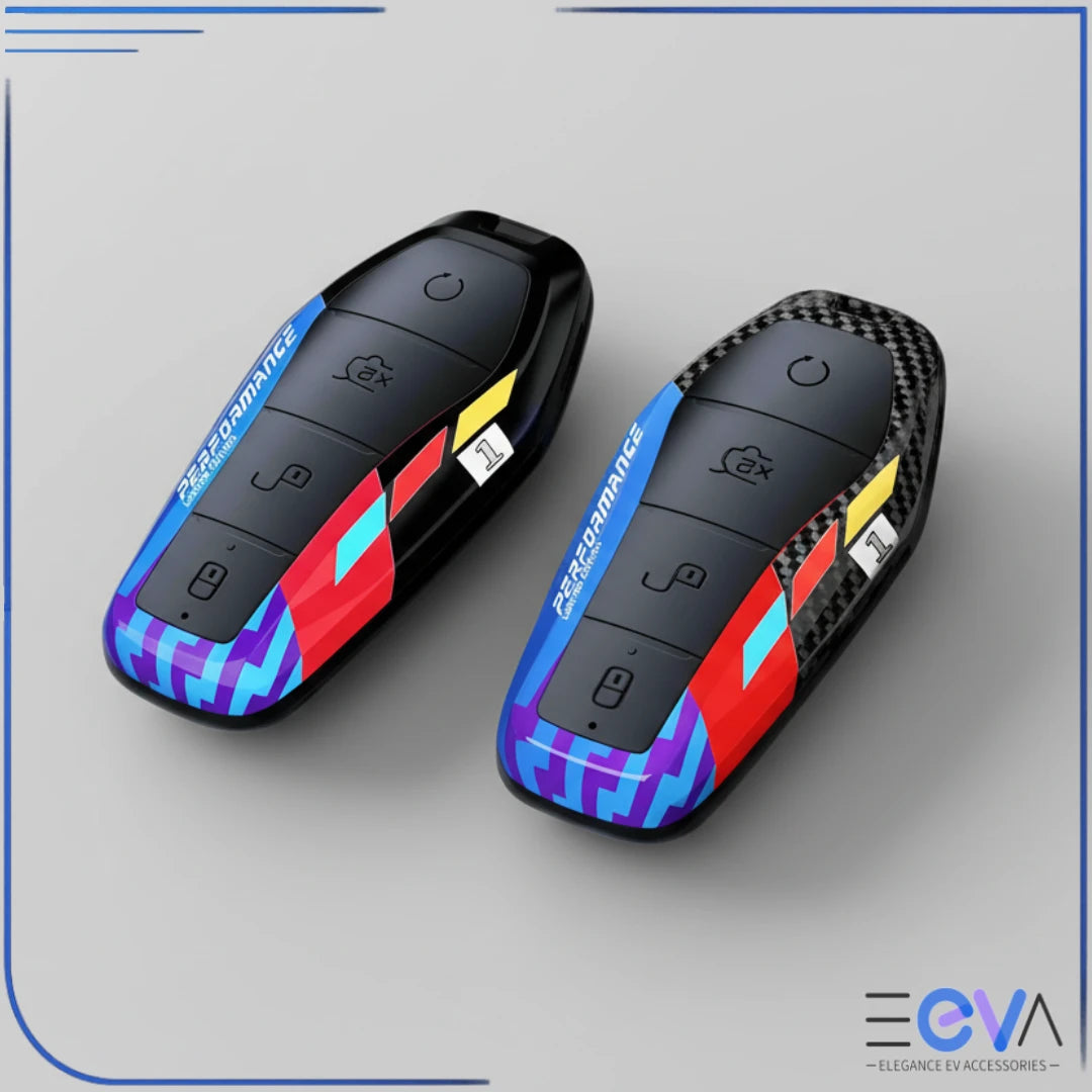 BYD key case cover in carbon ABS finish displaying two design options with secure fit and premium styling from EEVA Store Australia.