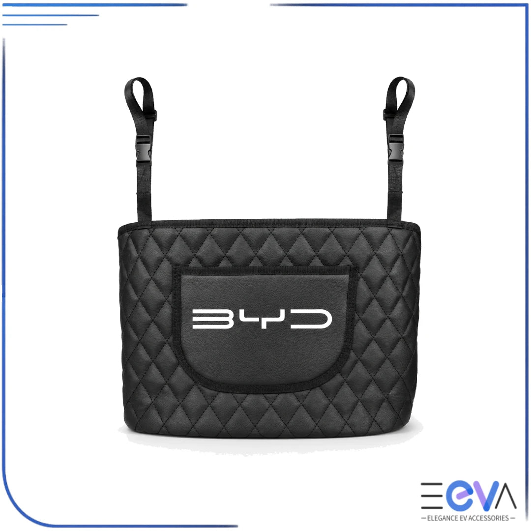 BYD PU leather centre seat headrest organiser with quilted black finish from EEVA Store Australia