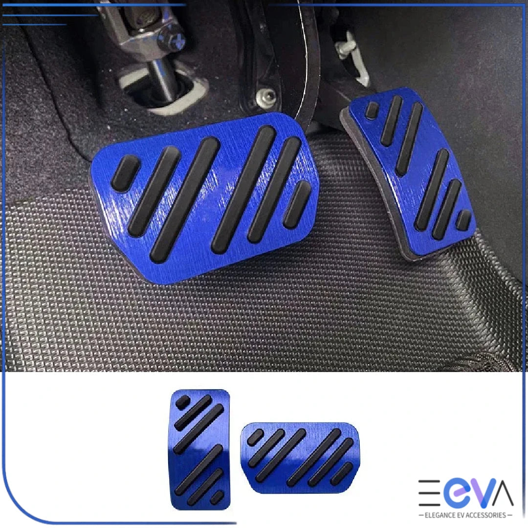 BYD Dolphin aluminium pedal covers installed in blue from EEVA Store Australia
