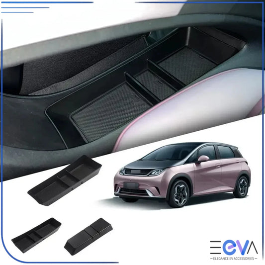 BYD Dolphin central armrest storage box installed in the console, showing organised compartments for daily items from EEVA Store Australia.