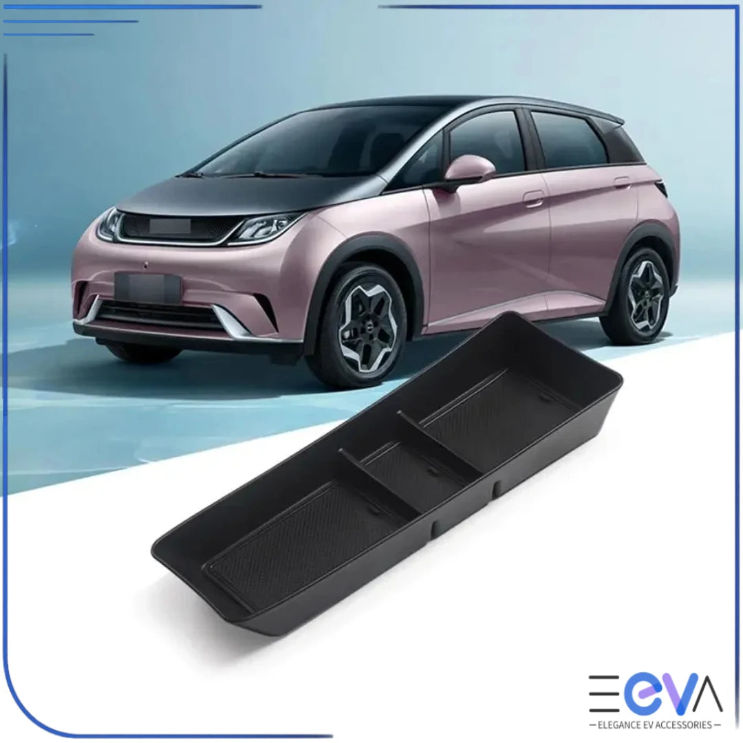 BYD Dolphin lower console storage tray displayed with vehicle interior, designed for neat storage and easy access from EEVA Store Australia.