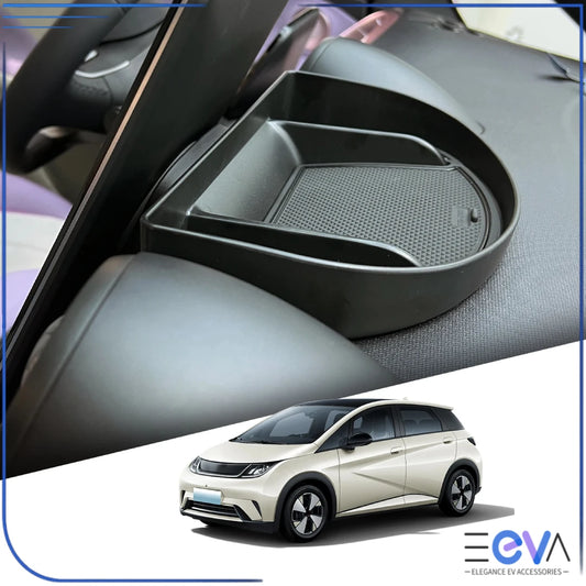BYD Dolphin dashboard storage box installed behind the centre screen, adding hidden and practical interior storage from EEVA Store Australia.