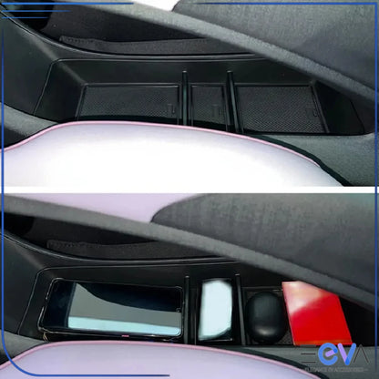 BYD Dolphin lower console storage tray installed view, highlighting textured base and divided sections from EEVA Store Australia.