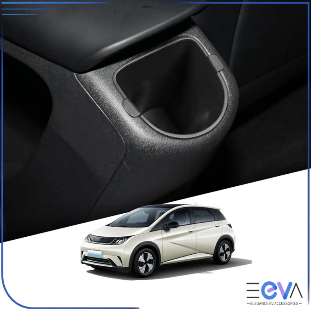 BYD Dolphin rear armrest cup holder insert shown in vehicle interior, designed to securely hold drinks for rear passengers from EEVA Store Australia.