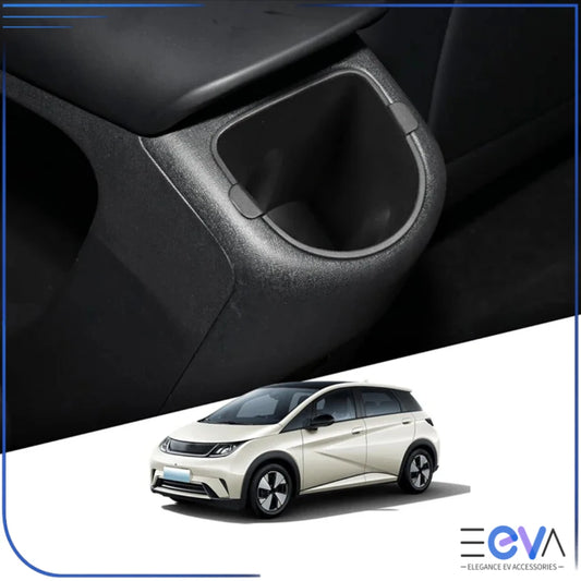 BYD Dolphin rear armrest cup holder insert shown in vehicle interior, designed to securely hold drinks for rear passengers from EEVA Store Australia.