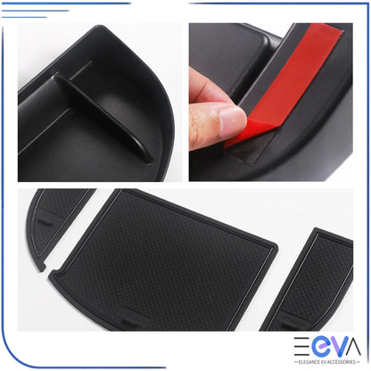 BYD Dolphin centre screen storage tray adhesive installation detail from EEVA Store Australia.
