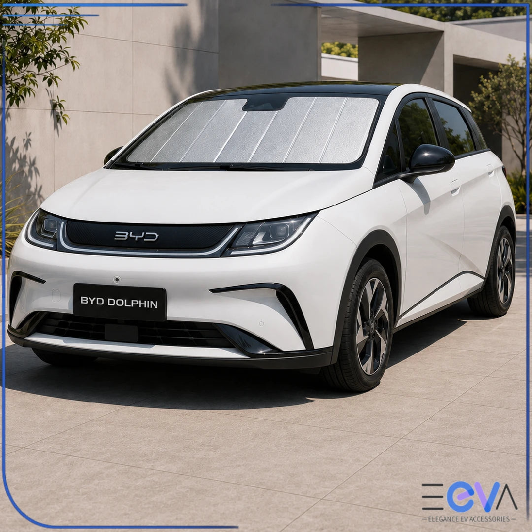 BYD Dolphin windscreen sunshade installed for full front windscreen coverage from EEVA Store Australia