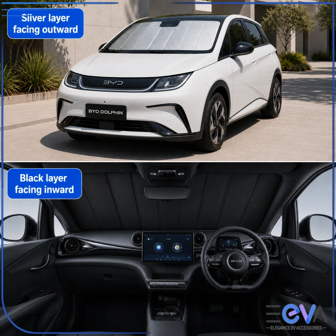 BYD Dolphin windscreen sunshade with silver reflective outer side and black inner side from EEVA Store Australia