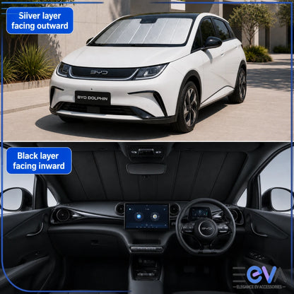 BYD Dolphin windscreen sunshade with silver reflective outer side and black inner side from EEVA Store Australia