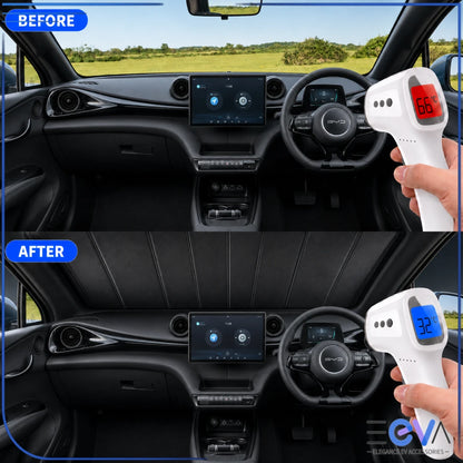 BYD Dolphin windscreen sunshade before and after cabin temperature comparison from EEVA Store Australia