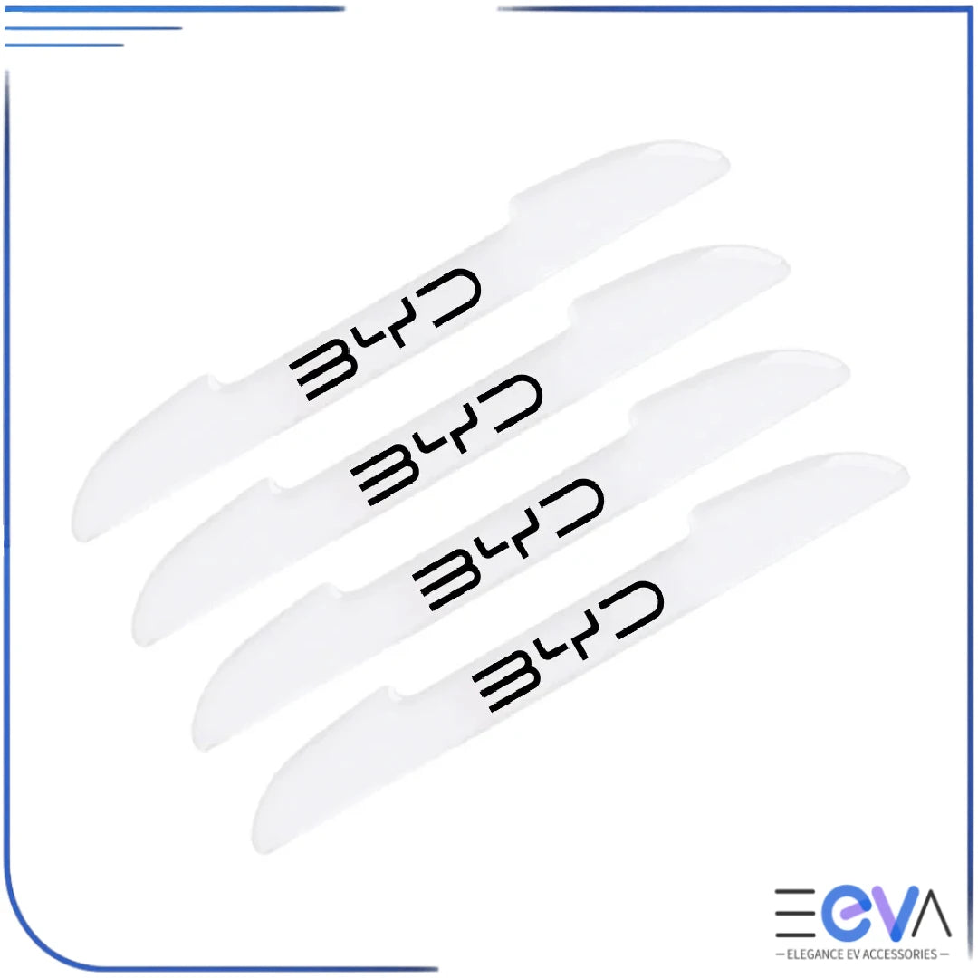 BYD car door anti-collision strips with BYD logo displayed as a full set, offering branded door edge protection from EEVA Store Australia.