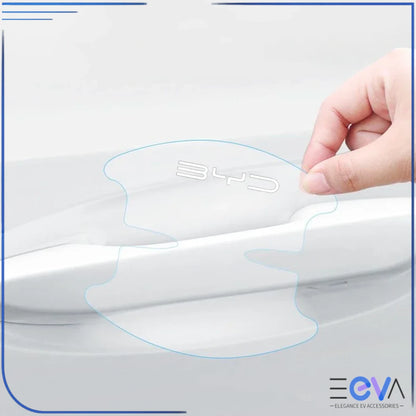 BYD door handle and bowl protection stickers shown during installation for accurate alignment and clean finish from EEVA Store Australia.