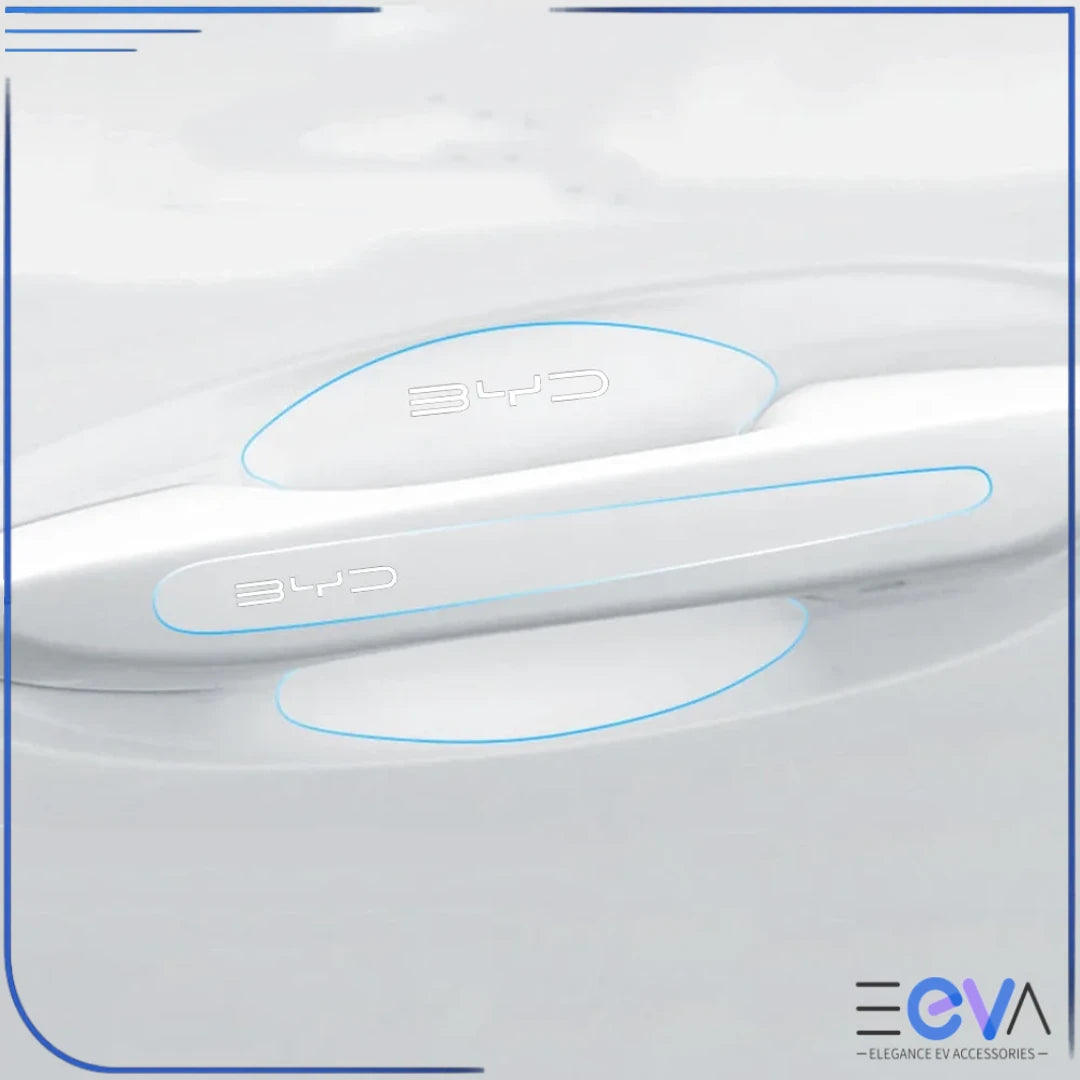 BYD door handle and bowl protection stickers installed on a white vehicle, showing full coverage against scratches from EEVA Store Australia.
