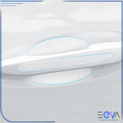 BYD door handle and bowl protection stickers installed on a white vehicle, showing full coverage against scratches from EEVA Store Australia.
