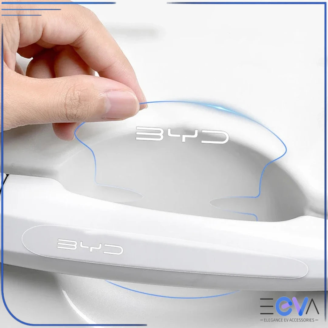 BYD door handle and bowl protection stickers installed on a white vehicle, showing full coverage against scratches from EEVA Store Australia.