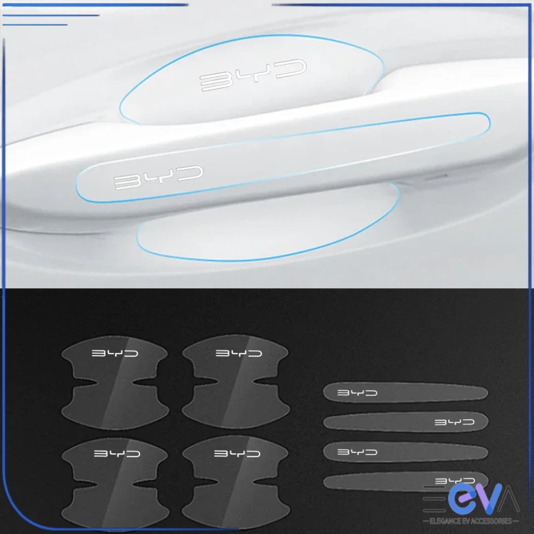 BYD door handle protection stickers with BYD logo, offering scratch protection while keeping a factory-style appearance from EEVA Store Australia.