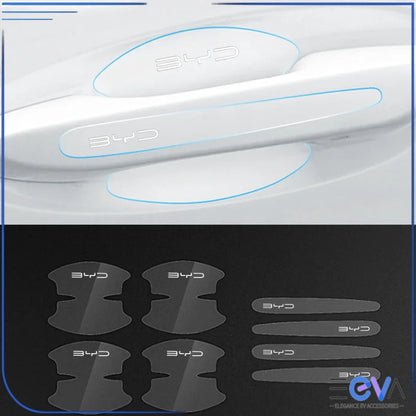BYD door handle protection stickers with BYD logo, offering scratch protection while keeping a factory-style appearance from EEVA Store Australia.