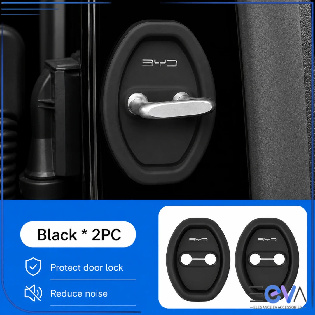 BYD black silicone door-lock protective covers shown as an installed two-piece set from EEVA Store Australia.