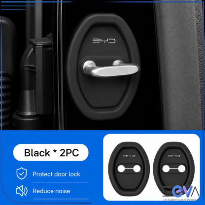 BYD black silicone door-lock protective covers shown as an installed two-piece set from EEVA Store Australia.