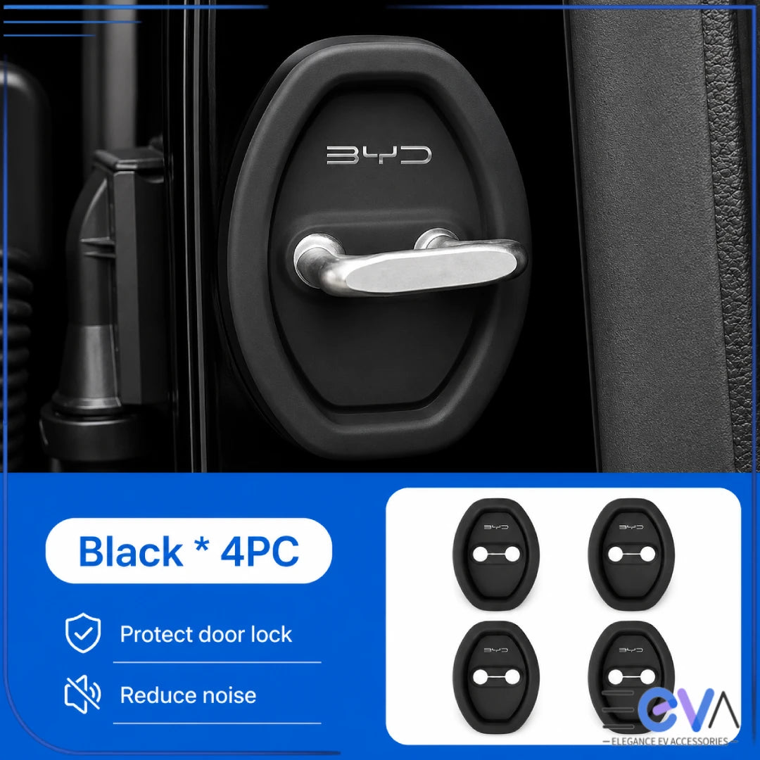 BYD black silicone door-lock protective covers shown as an installed four-piece set from EEVA Store Australia.
